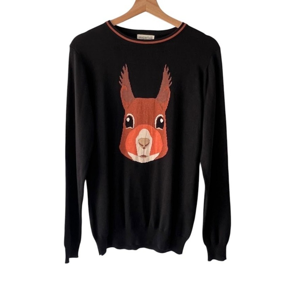 Sugarhill Brighton Squirrel Intarsia Sweater Size 8 Black Animal Novelty Knit
